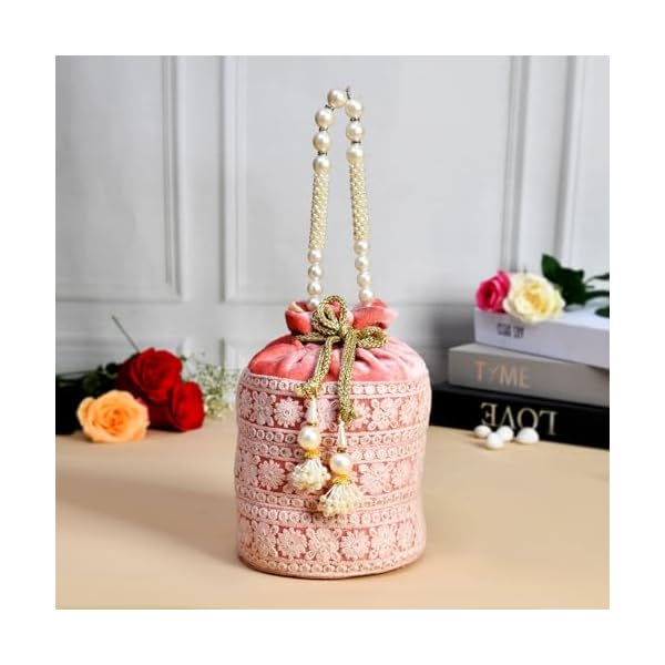 Kuber Industries Potli | Velvet Wedding Potli | Beads Handle Potli | Wallet Potli | Christmas Gift Potli | Baby Shower Potli | Embroidery Potli | Lucknowi Potli | Peach
