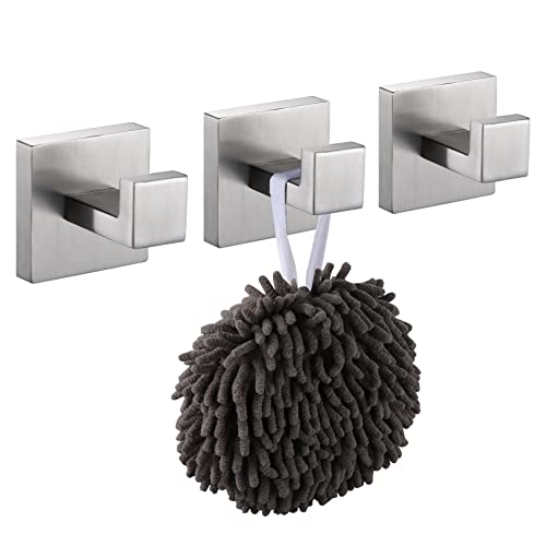 Image of KOKOSIRI Bath Towel Hook Wall Mount Square Robe Hook Coat Hook Bathroom Kitchen Garage Heavy Duty SUS 304 Stainless Steel 3 Pack Brushed Nickel B1010BR-P3