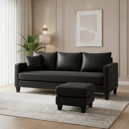 Image of FURNY Conva 4 Seater L Shape Sofa Set with Movable Ottoman | Flexible Left or Right Layout | Premium Leatherette Upholstery (Black) | Perfect for Living Room, Guest Room & Office