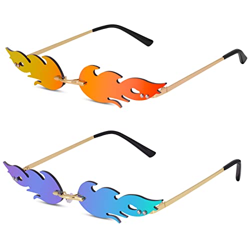 Auidy_6TXD 2 Stück Flammen Flammenform Sonnenbrille Randlose Sonnenbrille Frauen Sonnenbrille Damen für Party Strand Cover