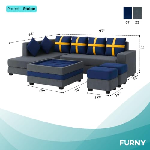 Image of FURNY Premium Arora 8 Seater Fabric LHS L Shape Sofa with 2 Ottoman + 1 Centre Table Ottoman Set for Living Room | with Velvet Fabric | in Dark Blue & Dark Grey Color | Durable Co