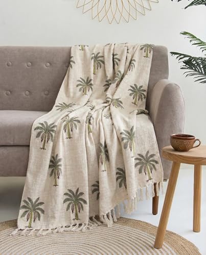 Image of Handwoven Cotton Sofa Throw Blanket 50x70 Inch with 2 pcs Cushion Covers 16x16 Inches Beige (Pack of 3, Palm Tree)