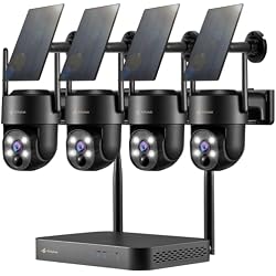 Kittyhok Solar Wireless Security Camera System, 2K Security Camera Outdoor | 4pcs, 5G/2.4G WiFi, 360° Pan/Tilt, Human Detection, Color Night Vision, 10CH WiFi-6 NVR, 60 Days Local Storage, Black
