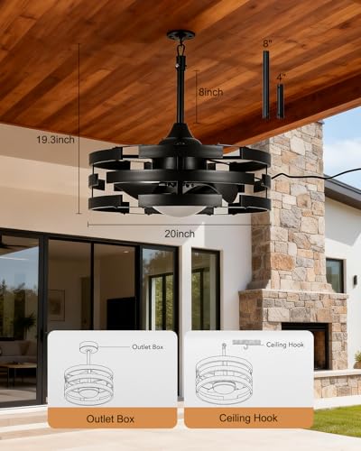Image of Roomratv 20 inch Outdoor Ceiling Fan with Light, Black Caged Ceiling Fan with Remote,Modern Enclosed Hanging Fan,IP65 Waterproof Plug in Fan for Gazebos, Patios and Porches