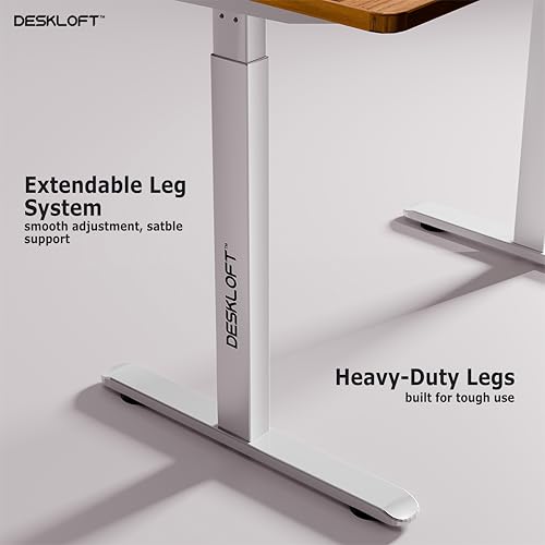 Image of Electric Standing Desk Height Adjustable Table | Ergonomic Sit Stand Workstation with Walnut Wood Grain Top | Motorized Computer Desk for Home Office (White Frame & Brown Top, 1200x600 mm)