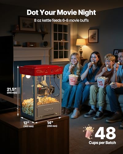 Image of VEVOR Popcorn Machine, 8oz Stainless Steel Kettle, 800W Commercial Countertop Popcorn Maker, 48 Cups per Batch Theater Style Popper, with 2-Button Control Glass Wall PC Door 1 Scoop 3 Spoons, Red