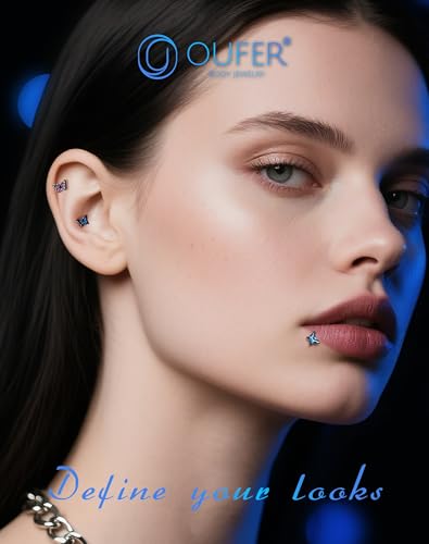 OUFER Butterfly Tragus Piercing Jewelry, 16G Flat Back Earrings Surgical Steel, Internal Thread Labret Lip Piercing Jewelry, 6MM Helix Cartilage Tragus Conch Healing Daith Earrings for Women-Blue/Pink3