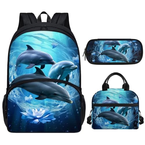Adorable Dolphin Backpack for Girls with Lunch Box 6-8 8-10 14-16 Boys School Backpacks Kindergarten Elementary Schoolbag Preschool Middle Kids School Bags with Lunch Box Pencil Case Set