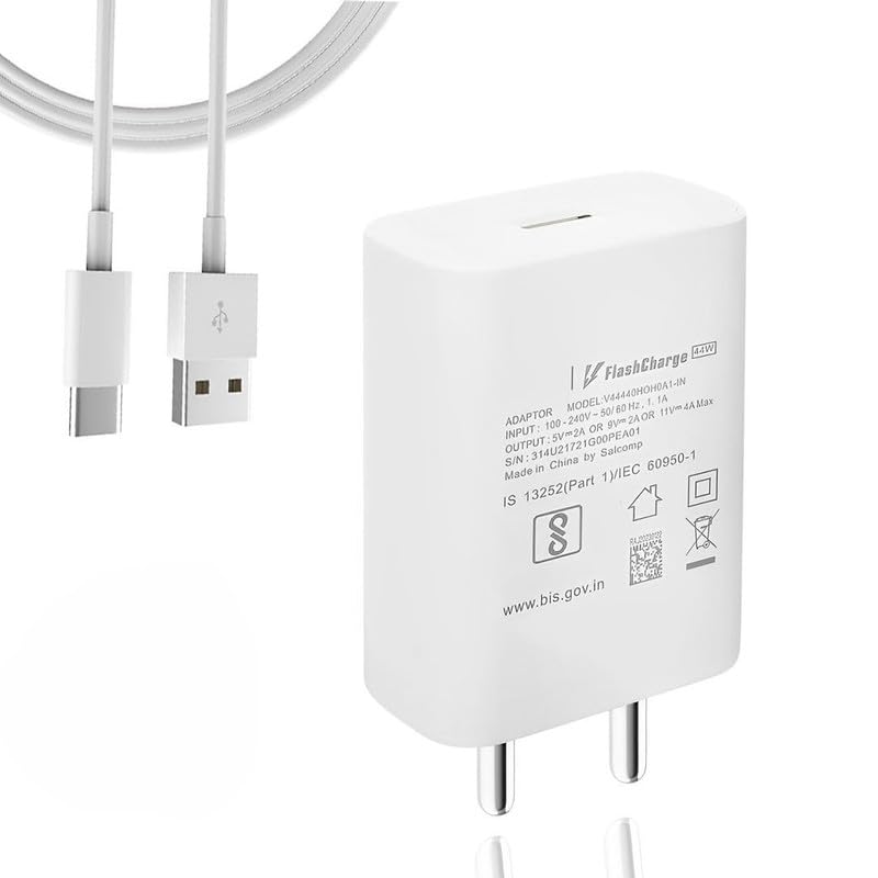 Image of 44W Flash Charger Compatible for vivo Z1x,Z5,Z6,S19,Pro,S6,S7,T1,Pro,V25 Pro,V27, Pro,Y21,Y28,Y28s,Y29,Y30,Y300, Plus,Y31,Y33s,V50e,X 27,X Fold,X100 superfast Charge -JJ White