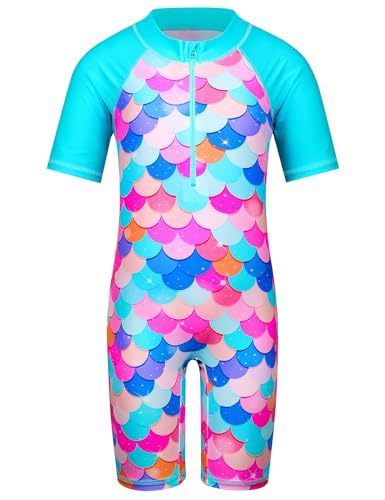 HUAANIUE CocoTree - Traje de baño para niñas de 2 a 12 años con corazón y protección solar UV 50 +, 19 Traje de baño corto cianscale, 8-10 años