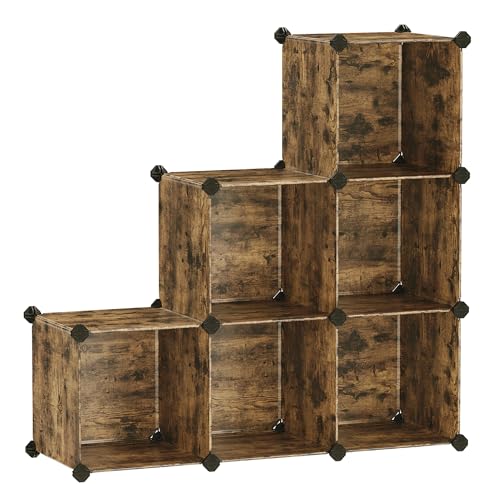 SONGMICS 6 Cube Storage Organizer, Modular Bookshelf, DIY Closet Organizers and Storage, Plastic Stackable Shelves, 11.8 x 11.8 x 11.8 Inch Cubes, with Feet and Rubber Mallet, Rustic Brown ULPC111A01