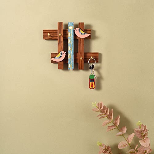 Image of AAKRITI ART CREATIONS Key Holder, Birds of Love Key Hanger | Rustic Teak Wood Wall Organizer with 4 Hooks | New Home Gifts | Multifunctional Entryway Decor Item