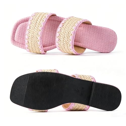 Image of Mtzyoa Women Flat Sandals Raffia Braided Summer Straw Dressy Casual Vacation Bohemian Cute Beach Comfy Slip On Slides