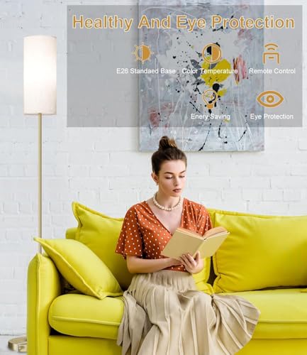 Image of luckystyle LED Floor Lamp for Living Room, Dimmable Standing Lamps with Foot Switch,Remote Custom Color Temperature Gold Pole Lamp with Lampshade,12W Led Bulb Tall Lamps for Bedroom Office Kid Room