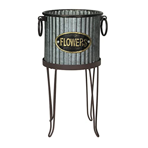 Zeckos Set Of 2 Rustic Corrugated Galvanized Grey Metal Round Indoor/Outdoor Garden Planters With Stands Plant Pots Western Décor 19.25, 16 Inches High #TOP2