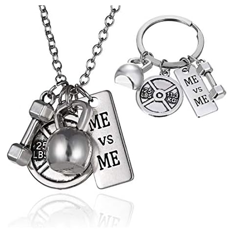 Rinhoo Unisex Stainless Steel Fitness Weightlifting Gym with Quotes Workout Weight Plate Barbell Dumbbell Exercise Charms Pendant Necklace White Gold Plated/Gold Plated (2PC (ME vs ME)) Cover