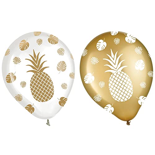 Ballons imprimés ananas en latex résistant blanc et or chic