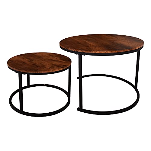 Round Nesting Coffee Table Modern Nesting Side Set Of 2 End Table For Living Room Balcony Garden, Etc,Round Wooden Accent Coffee Table With Solid Powder-Coated Metal Frame, Rustic Brown/Black #TOP4