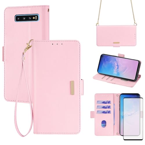 Asuwish Phone Case for Samsung Galaxy S10 Wallet Cover with Tempered Glass Screen Protector and RFID Blocking Wrist Strap Flip Credit Card Holder Slot Stand Cell S 10 Edge 10S GS10 X10 Women Men Pink