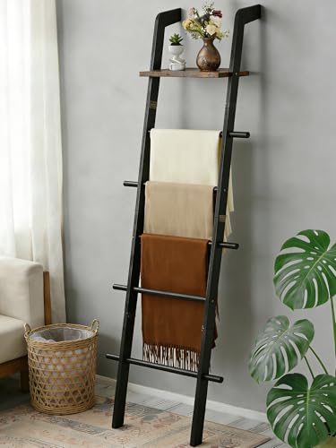 Taozun Black Blanket Ladder with Shelf for Living Room 67-Inch Wooden 5-Tier Farmhouse Towels and Quilt Rack Decor - Wall Leaning Display Holder for Blankets and Throws