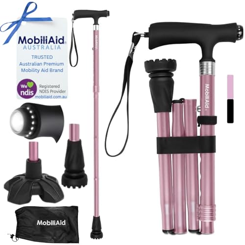NDIS Provider MobiliAid Foldable Walking Stick with LED Light – Adjustable Lightweight Walking Cane for Seniors & Elderly – Portable Folding Mobility Aid for Travel & Daily Use (Pink)