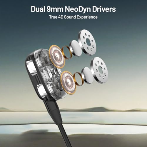 Image of pTron Boom Play X4 Dual Driver in-Ear Type C Wired Earphones with in-line HD Mic, Music Call Control, Ergo-fit, 1.2m Tangle-Free Cable, Wide Compatibility (Black)