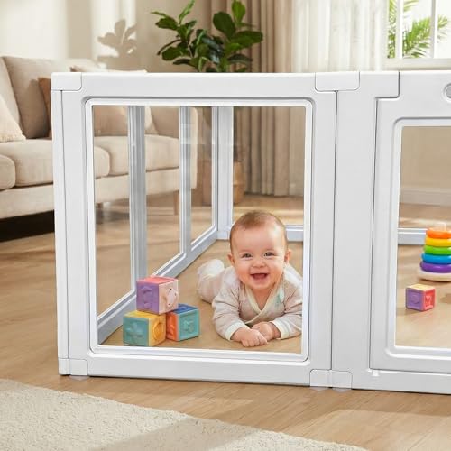 Image of Clear Acrylic Baby Playpen with Gate, Play Pen for Babies and Toddlers, DIY Shape, 59 inchx59 inch Indoor See-Through Baby Fence Playard, 12 Pannels