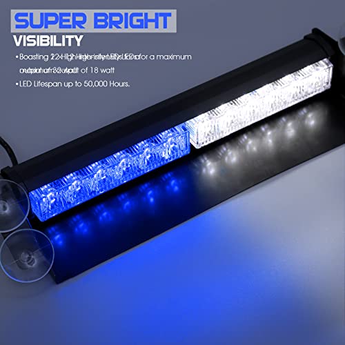 Booyu 2×14.8In Led Dash Emergency Strobe Light Bar 2 In 1 Front/Rear Interior Windshield Visor Deck Flashing Hazard Safety Warning Traffic Advisor Lights For Police Firefighter Vehicle (Blue/White) #TOP2