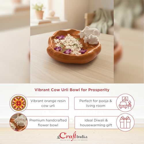 Image of eCraftIndia Pair of Cow Statue Urli Bowl for Home Decoration Office Tv Unit (Resin Orange) Showpiece for Good Luck | Urli for Floating Candles Flowers for Pooja Room Entryway Living Room Diwali Gift