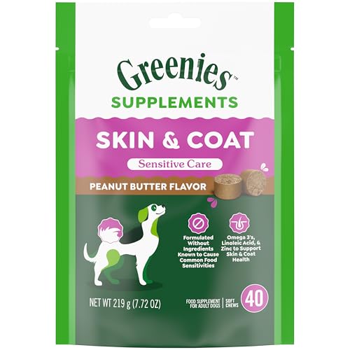 Greenies Sensitive Care Skin and Coat Supplement for Dogs with Fish Oil for Dogs Chicken-Free Formula Dog Supplement, Peanut Butter Flavor, 40-Count Soft Chews
