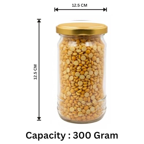 Image of Glassbunny Glass Jar Containers Set of 6 for Kitchen Storage | Golden Airtight Lids | Glass Containers for Kitchen | Glass Jars for Kitchen 300g Jars for Dry Fruits, Pickles, Spices