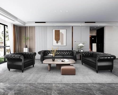 Image of WOODEN WORLD Modern & Classic Leather Sofa Set - Luxurious Comfort, Stylish Design, and Durable Build (Black, 3+2+1 Seater)