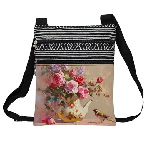 Oil Painting Floral Bird Messenger Bag Small Ethnic Pattern Printed Adjustable Strap Crossbody Zipper Bag Oil Painting Floral Bird Phone Bag Wallet Cute Shoulder Handbag for Women Friends -1
