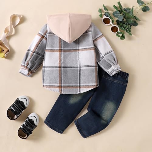 Image of Toddler Baby Boy Fall Winter Clothes Long Sleeve Plaid Hooded Sweatshirt Ripped Holes Jeans Set 1-5 Years Old