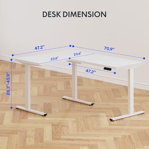 Image of FLEXISPOT L Shaped Standing Desk, 71 x 63 Inch Electric Height Adjustable Corner Desk, Sit Stand Computer Workstation, Preset Controller, Home Office, White Frame with White Top