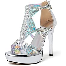 Eldof Womens Heeled Platform Sandals, Sexy High Heel Strappy Sandals with Rinestones, Cutout Open Toe Gladiator Sandals, Pumps Shoes for Dress Evening Event Party Patent Silver US 8