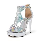 Eldof Women's Open Toe High Heels Platform Sandals, Strappy High Heeled Sandals with Rinestones, Cutout Gladiator Heels for Dress Party Evening Summer Patent Silver US 8.5