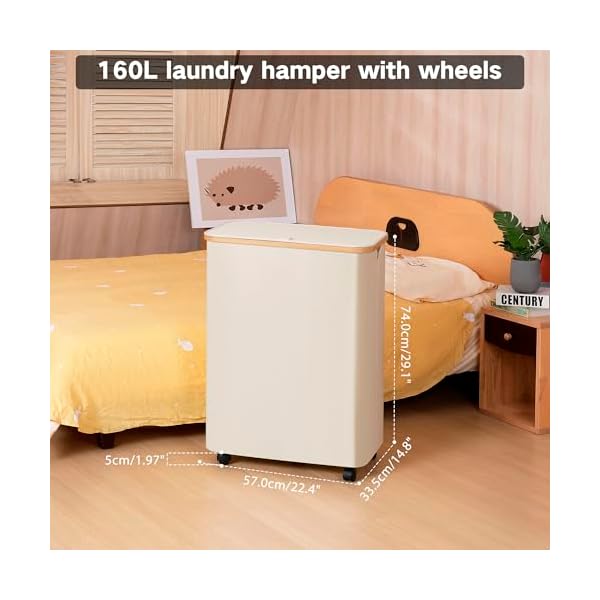 Lagre laundry hamper with wheels laundry basket with lid 160l clothes hamper for laundry with 3 liner bags for laundry room bedroom dormitory organizationbeige  urban country home decor