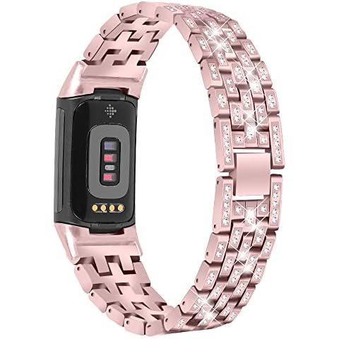 Gimuk Compatible with Fitbit Charge 5 Strap for Women Men, Metal Bling Rhinestone Stainless Steel Wristband Replacement Wrist Strap Band Bracelet for Charge 5 Activity Tracker (Rose Pink) Cover
