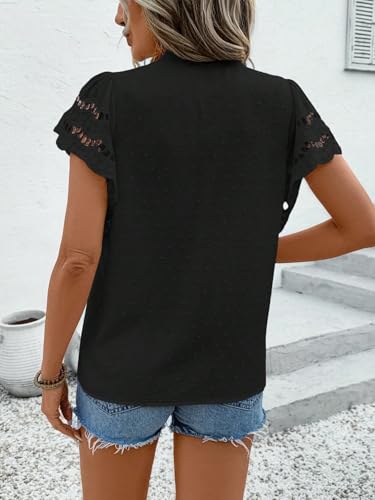 Women's Eyelet Embroidery Blouse V Neck Button Down Shirt Flounce Short Sleeve Top with Cutout Detail3