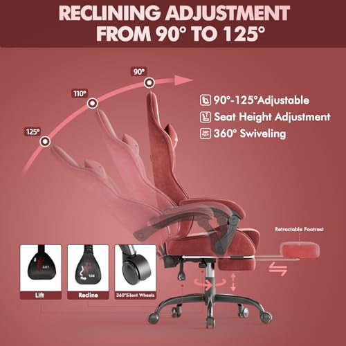 Image of Soontrans Velvet Fabric Gaming Chair for Adult, Ergonomic Comfortable Video Gamer Chair with Footrest, Reclining Office Computer Desk Game Chairs with Massage Lumbar Cushion,Headrest