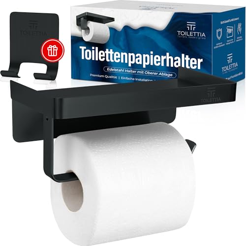 TOILETTIA Toilettenpapierhalter schwarz ohne Bohren, mit Ablage...
