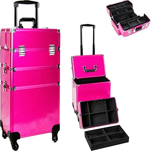 Ver Beauty Professional Rolling Makeup Case, Heavy Duty Makeup Artist Travel Case with 4 Extendable Trays, Magenta Glitter
