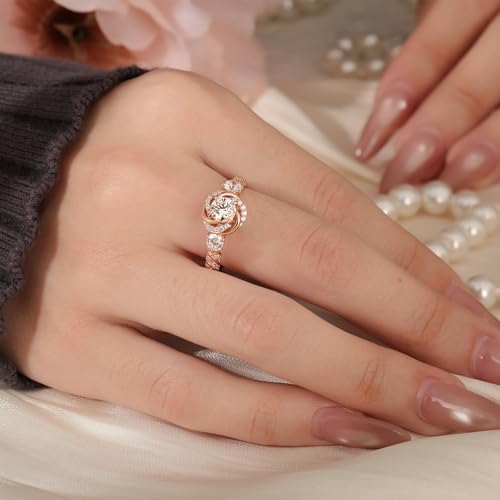 Image of Jeulia Moissanite Engagement Ring for Women | Classic Solitaire Halo Rose Gold Flower Promise Ring | Round Cut Eternity Wedding Band | 925 Sterling Silver Jewelry with Gift Box and GRA Certificate