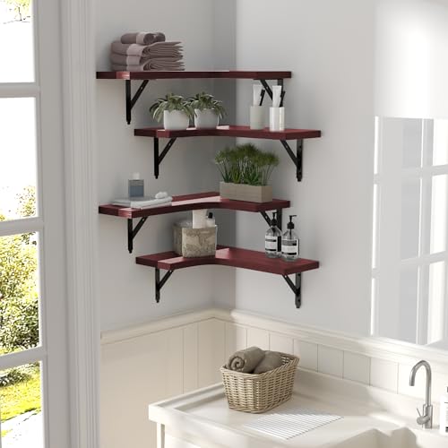 Image of ROMGUAR CRAFT Corner Floating Shelves Wall Mounted Set of 4, Rustic Wood Storage Display Shelves for Home Decor, Bathroom, Kitchen, Bedroom, Living Room, Office (Red)