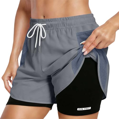 Short 2 En 1 Mujer Mallas Pantalones Cortos Gimnasio Ciclista Running Verano con Forro Cintura Elástiica Ancha Mujer Secado Rápido Cordón Ajustable y Bolsillos para Fitness Yoga Jogging (Grey, S)