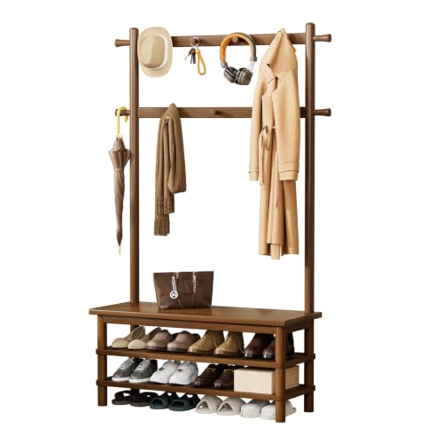 Solid Wood Hall Tree with Bench, Shoe Rack & 11 Hooks 35.0” | 3-in-1 Hall Tree with 3-Tier Shoe Rack Bench & Coat Rack, Freestanding Entryway Organizer, Walnut, Mudroom Hallway, 35″