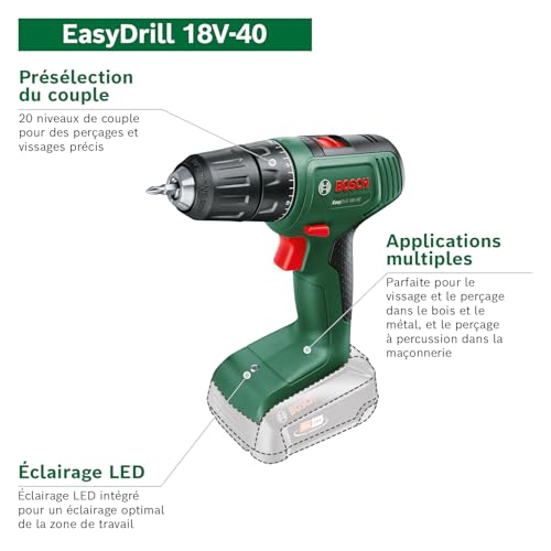 Bosch Perceuse-visseuse sans fil EasyDrill 18V-40 (1 batterie 2,0 Ah, système 18 V, dans coffret de transport)