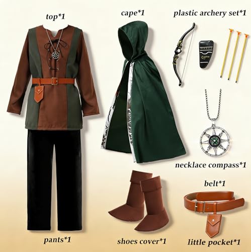 Image of Akokvlar 8 Pcs Medieval Archer Costume for Boys Renaissance Kids Hunter Costume with Cape