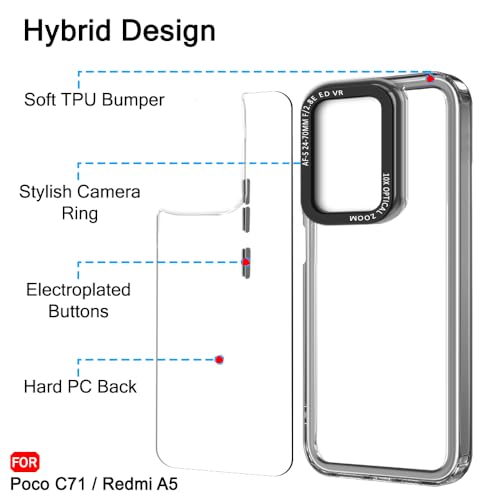 Image of TheGiftKart Hybrid Shockproof Back Cover Case for Poco C71 / Redmi A5 | Stylish Camera Border | Electroplated Buttons | Crystal Clear Hard Back Cover Case (TPU & PC, Smoked Bumper)
